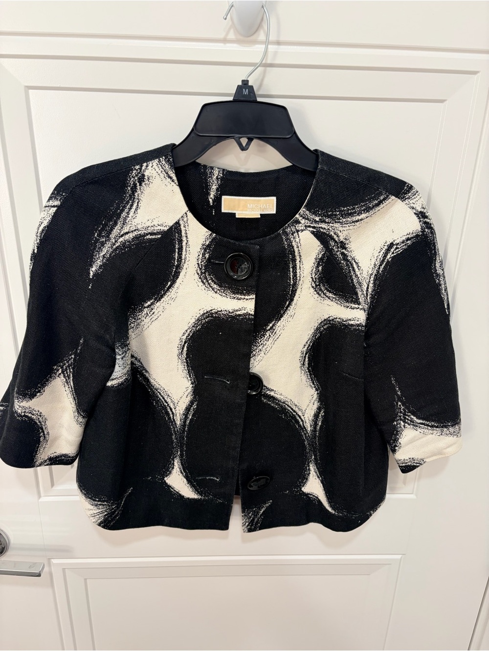 MICHAEL Michael Kors Black White Abstract Swirl Cropped Linen Jacket Petite P